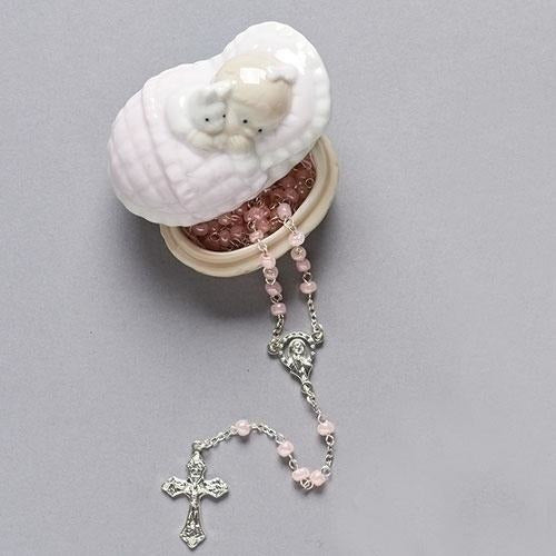 Pink Baby Porcelain Keepsake Box with Rosary