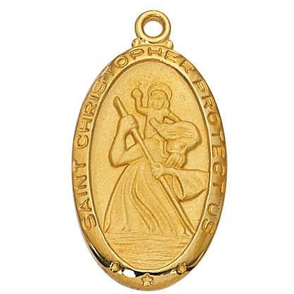 Large Oval Gold Over Silver St Christopher Necklace 24 Inch Chain