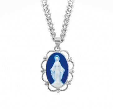 Sterling Silver Cameo Miraculous Medal 18 Inch Chain
