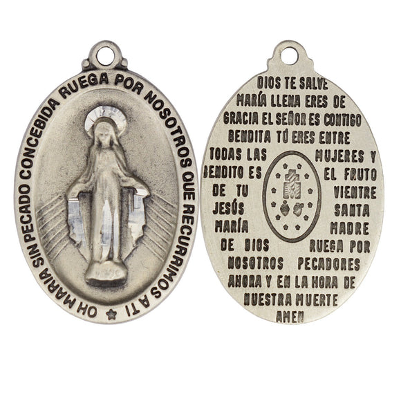 Pewter Hail Mary Miraculous Medal Spanish 24 Inch Chain