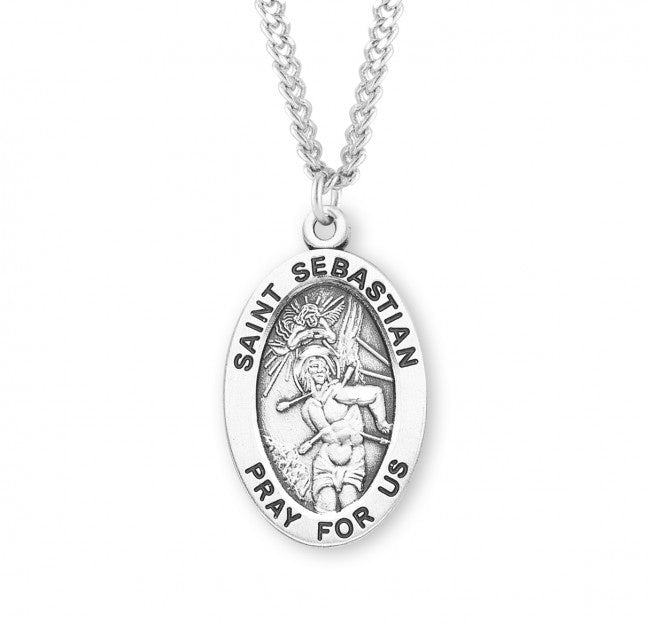 St Sebastian Patron Saint Medal Necklace for Female Bowlers  St. Sebastian Sterling Silver Religious Medal Necklace 24” Heavy Curb Chain display picture 1