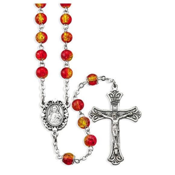 6mm Sacred Heart Orange Cracked Glass Bead Rosary
