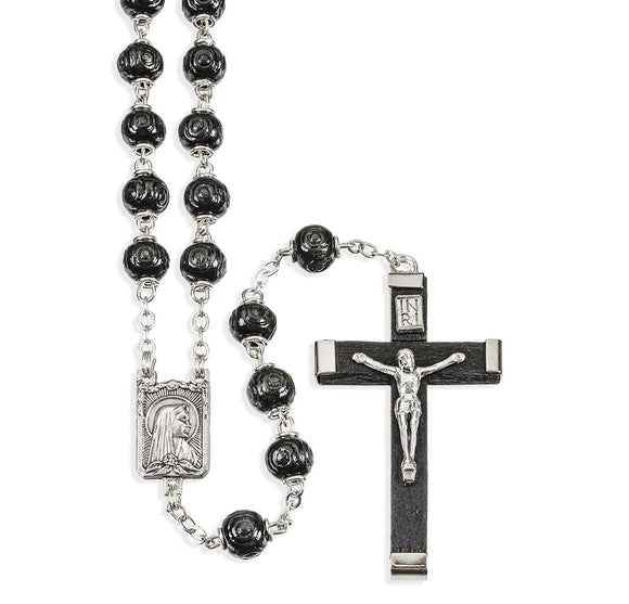 7mm Round Black Carved Wood Bead Rosary