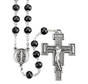 7mm Black Carved Boxwood Bead Rosary