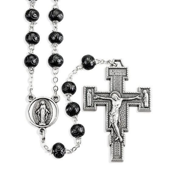 7mm Black Carved Boxwood Bead Rosary