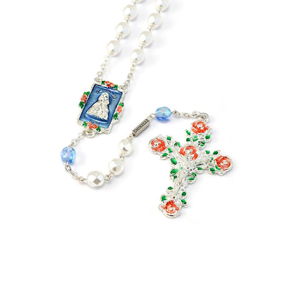 7mm Sky Blue & Silver Hand Enameled Lourdes Virgo Maria Roses Rosary