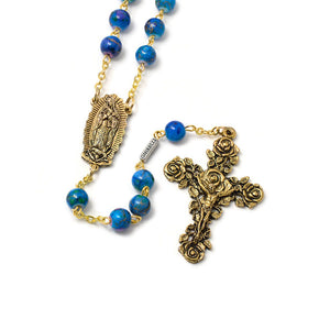 8mm Blue Glass OLO Guadalupe Gold Rosary