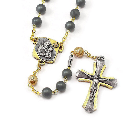 8mm Hematite Gold St Joseph Rosary