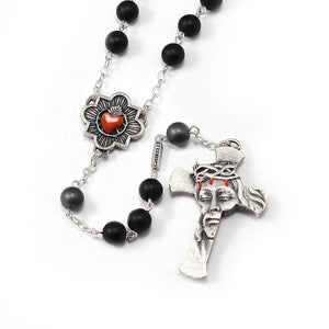8mm Sacred Heart Hematite Black Agate & Silver Rosary