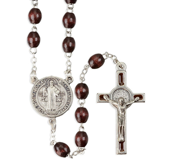 7 x 9mm Benedictine Brown Wood Bead Rosary with Epoxied Crucifix