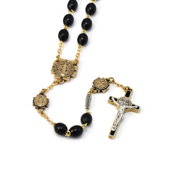6 x 8mm Black Italian Wood St Benedict Gold Rosary