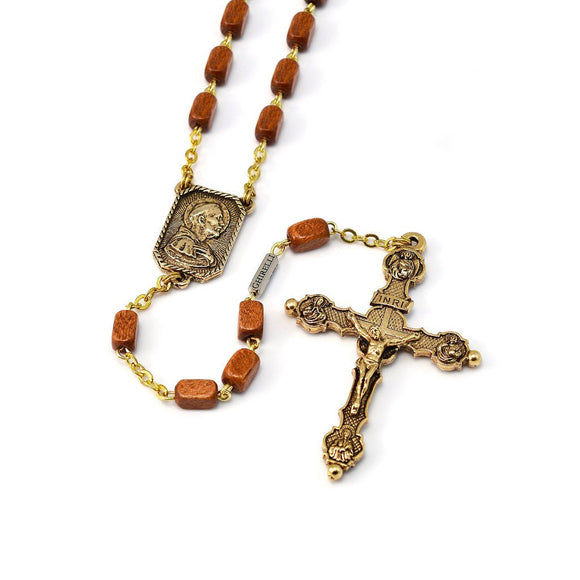 5 x 8mm Brown Wood Ss Francis & Clare of Assisi Antique Gold Rosary
