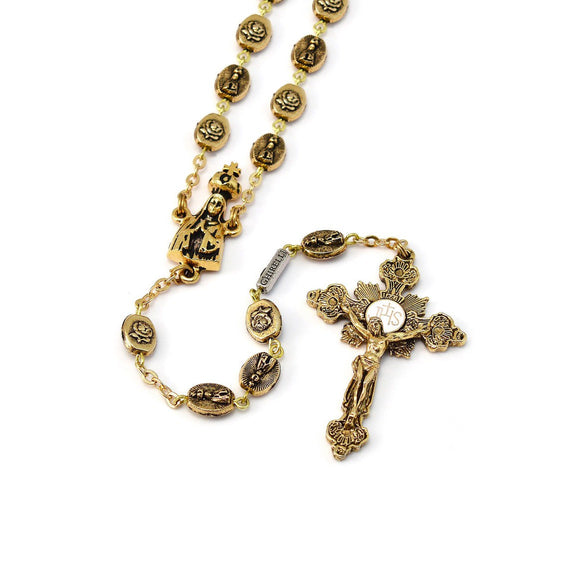 6 x 8mm Fatima Crown of Roses Gold Rosary