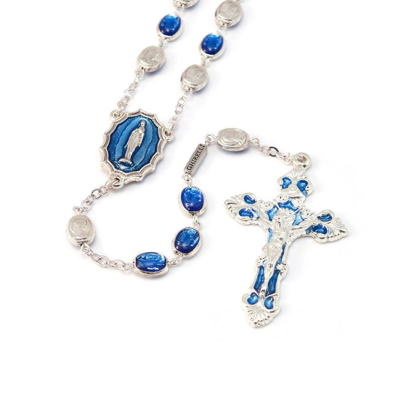 6 x 8mm Blue Enameled Lourdes Virgo Maria Roses Rosary