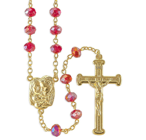 8mm Ruby Glass Bead Gold Tone Rosary