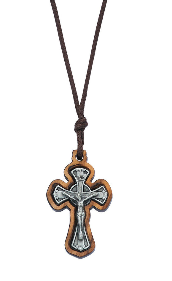 Olive Wood Pewter Crucifix