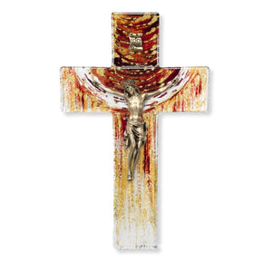 7" Shimmering Sunset with Earth Tones Glass Crucifix with Museum Gold Tone Corpus