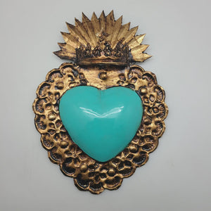 Mexican Tin Heart With Crown Blue