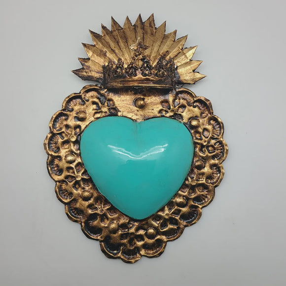Mexican Tin Heart With Crown Blue