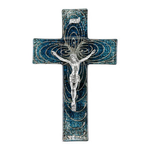 10" Blue & Silver Glass Crucifix Pewter Finish Corpus