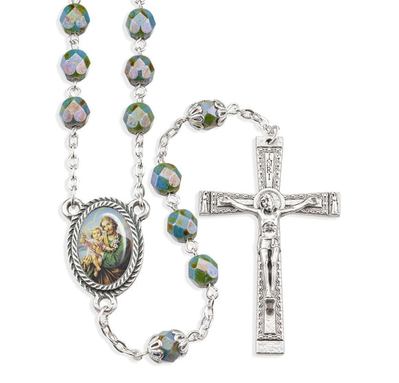 7mm St Joseph Light Teal Alabaster Luster Bead Rosary