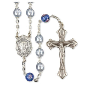 7mm Light Blue Pearl Bead Rosary with Floral Our Father Beads