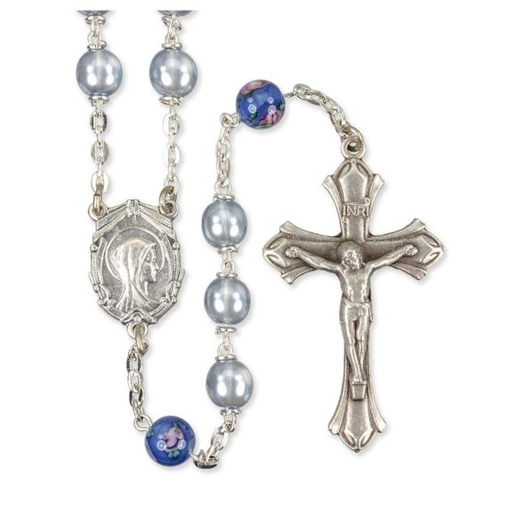 7mm Light Blue Pearl Bead Rosary with Floral Our Father Beads
