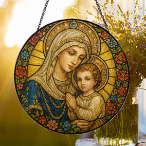 6" Retro Virgin Mary and Baby Jesus Stained Glass Suncatcher