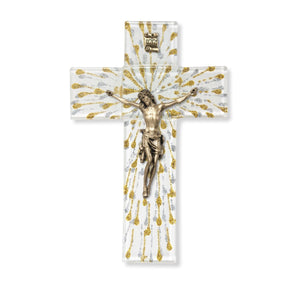 7" Gold & Silver Rays White Glass Crucifix Pewter Corpus Bronze Finish