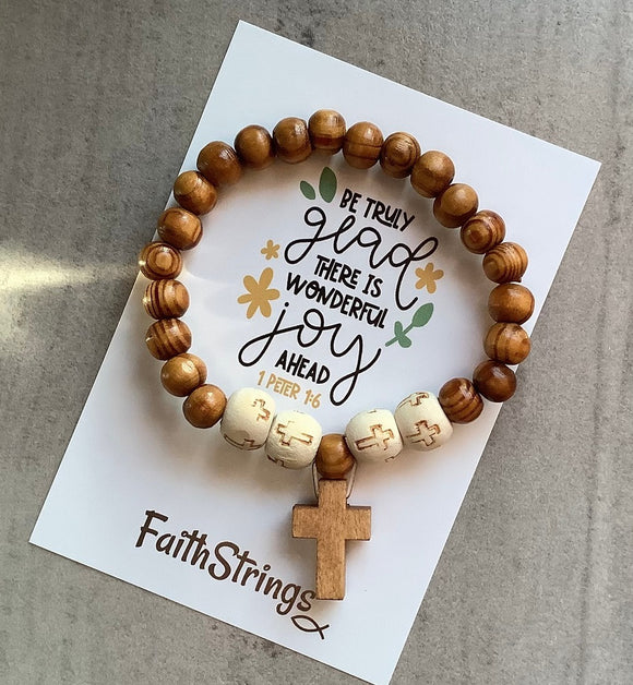 Natural Wood Bead Stretch Bracelet with Cross