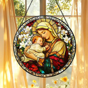 6" Mother Mary Holding Baby Jesus Stained Glass Suncatcher