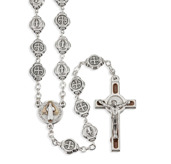8mm Silver Brown Enameled St Benedict Medal Bead Rosary