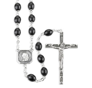7 x 9mm Black Boxwood Bead Rosary with Christ & Madonna Center