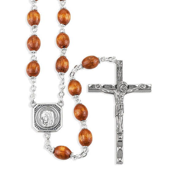 7 x 9mm Brown Boxwood Bead Rosary with Christ & Madonna Center