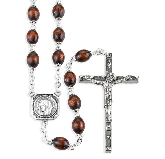 7 x 9mm Maroon Boxwood Bead Rosary with Christ & Madonna Center