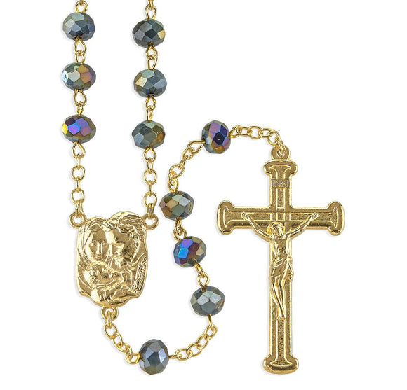 8mm Scarab Glass Bead Gold Tone Rosary