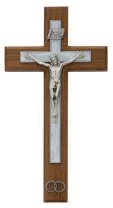 10" Walnut White Epoxy Wedding Crucifix with Rings