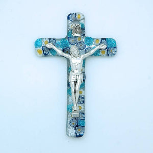 4" Blue Italian Murano Millefiori Glass Crucifix