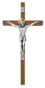 10" Walnut Crucifix Silver Corpus and Gold Halo