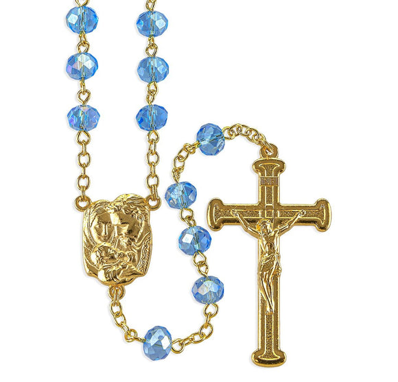 8mm Sapphire Glass Bead Gold Tone Rosary