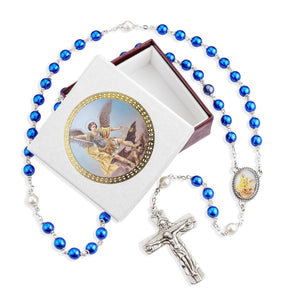 6mm St Michael Blue Pearlized Glass Bead Rosary