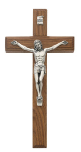8" Beveled Edge Walnut Crucifix Silver Corpus