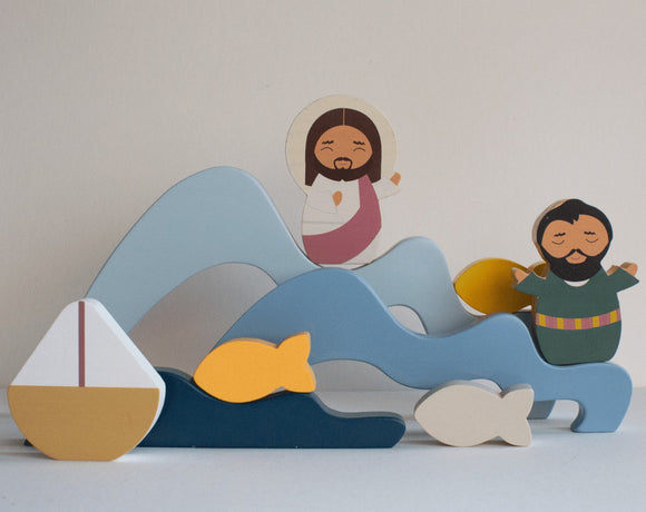 Jesus and St. Peter Walk on Water Wooden Wave Stacker Toy