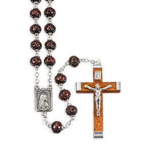 7mm Round Maroon Carved Wood Bead Rosary