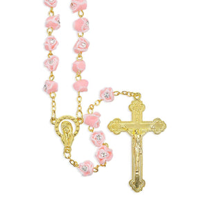 7mm Pink & White Rosebuds with Crystal Stones Bead Gold Plated Rosary