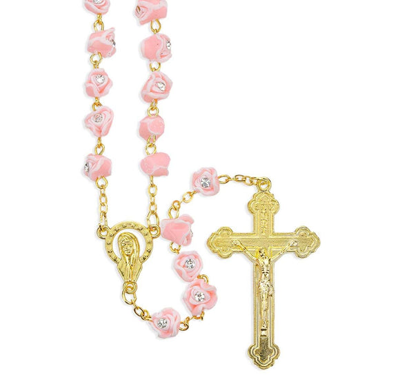 7mm Pink & White Rosebuds with Crystal Stones Bead Gold Plated Rosary