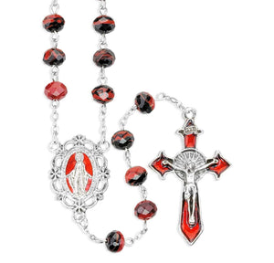 6 x 8mm Red & Black Murano Style Glass Bead Rosary with Red Epoxied Center and Crucifix