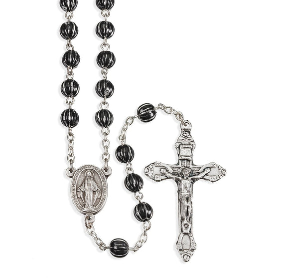 6mm Round Black & Silver Engraved Metal Bead Rosary