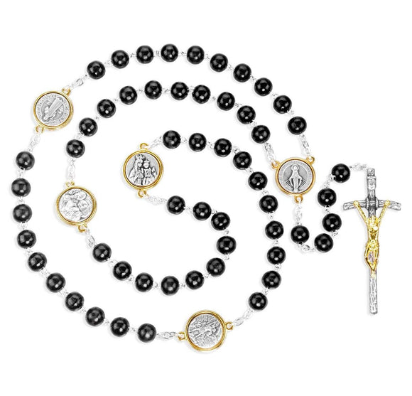 7mm Round Black Wood Bead Rosary with 15mm Silver & Gold Our Father Medals