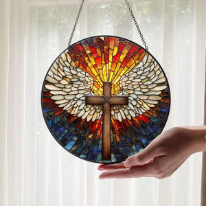 6" Cross with Wings Stained Glass Suncatcher